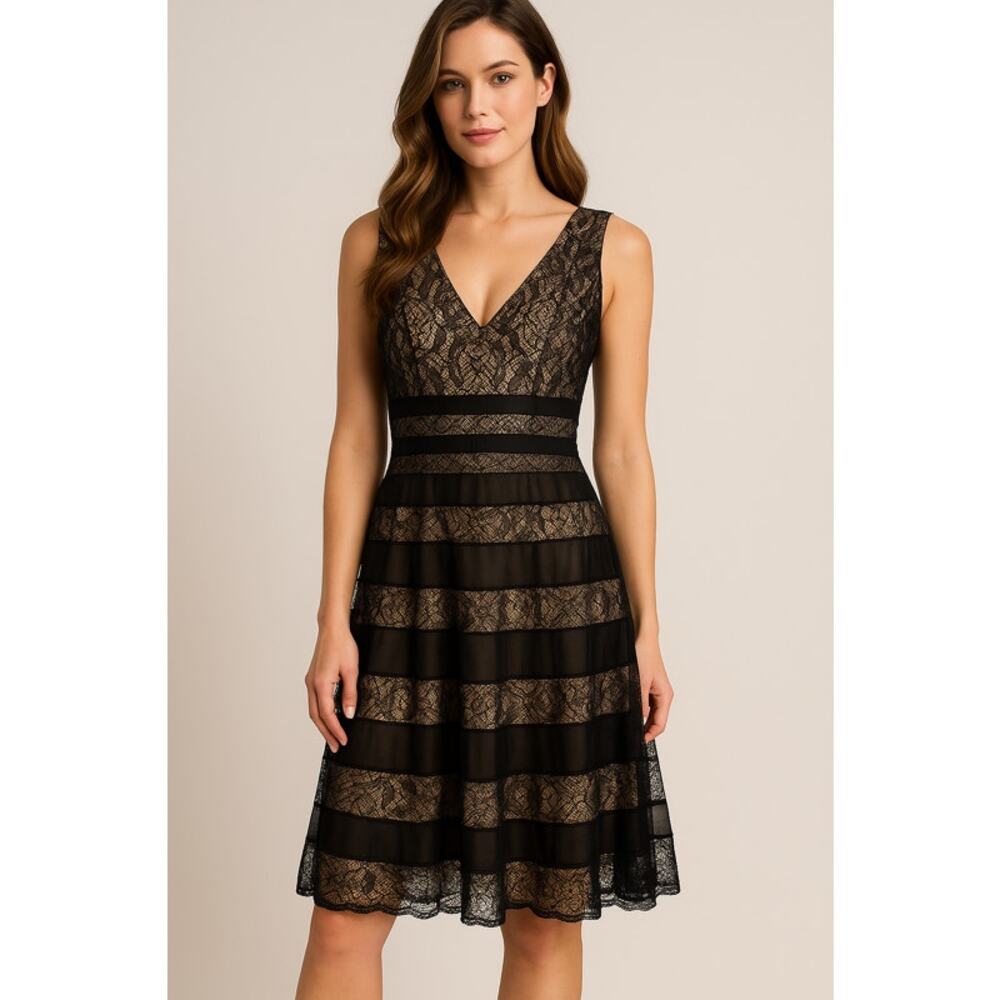 Anne Klein Black Lace Fit & Flare Dress – V-Neck Cocktail Party Dress | Size 4